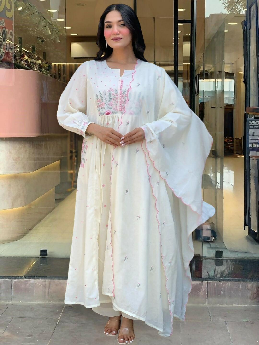 The52 White Women's Beautiful Cotton Fabric Thread Work Straight Kurta Pant and Dupatta Set - Swadesiicart