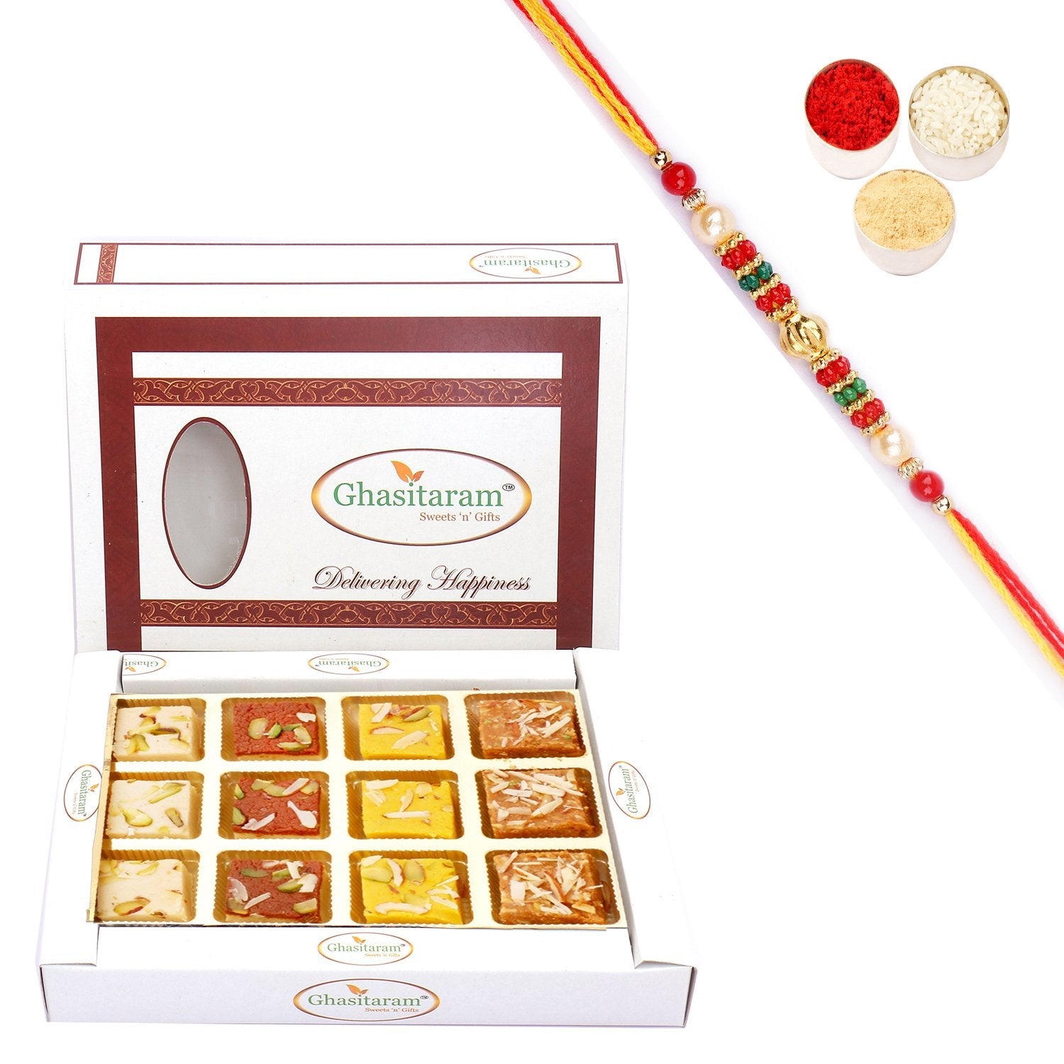 Ghasitaram Assorted Barfis White Box With Pearl Beads Rakhi | Swadesiicart