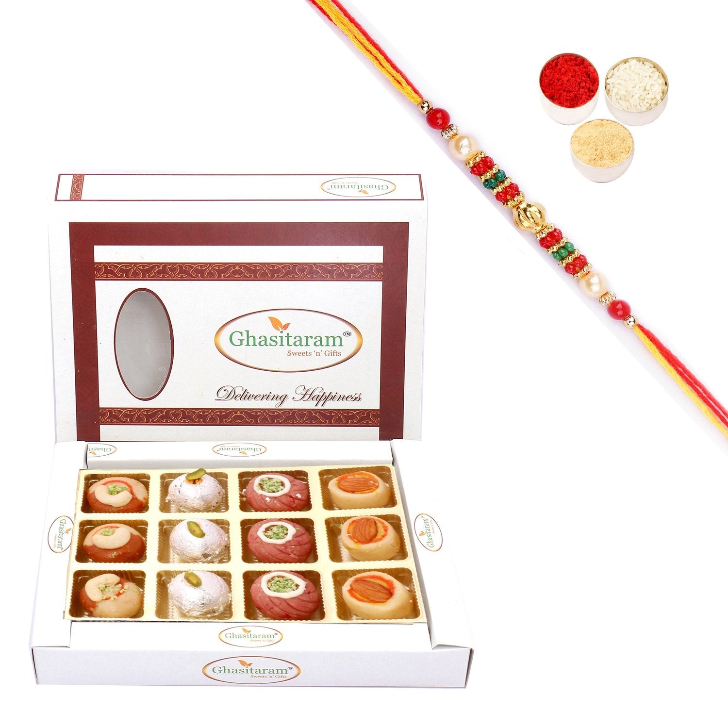 Ghasitaram Assorted Sweets in White Box With Pearl Beads Rakhi | Swadesiicart