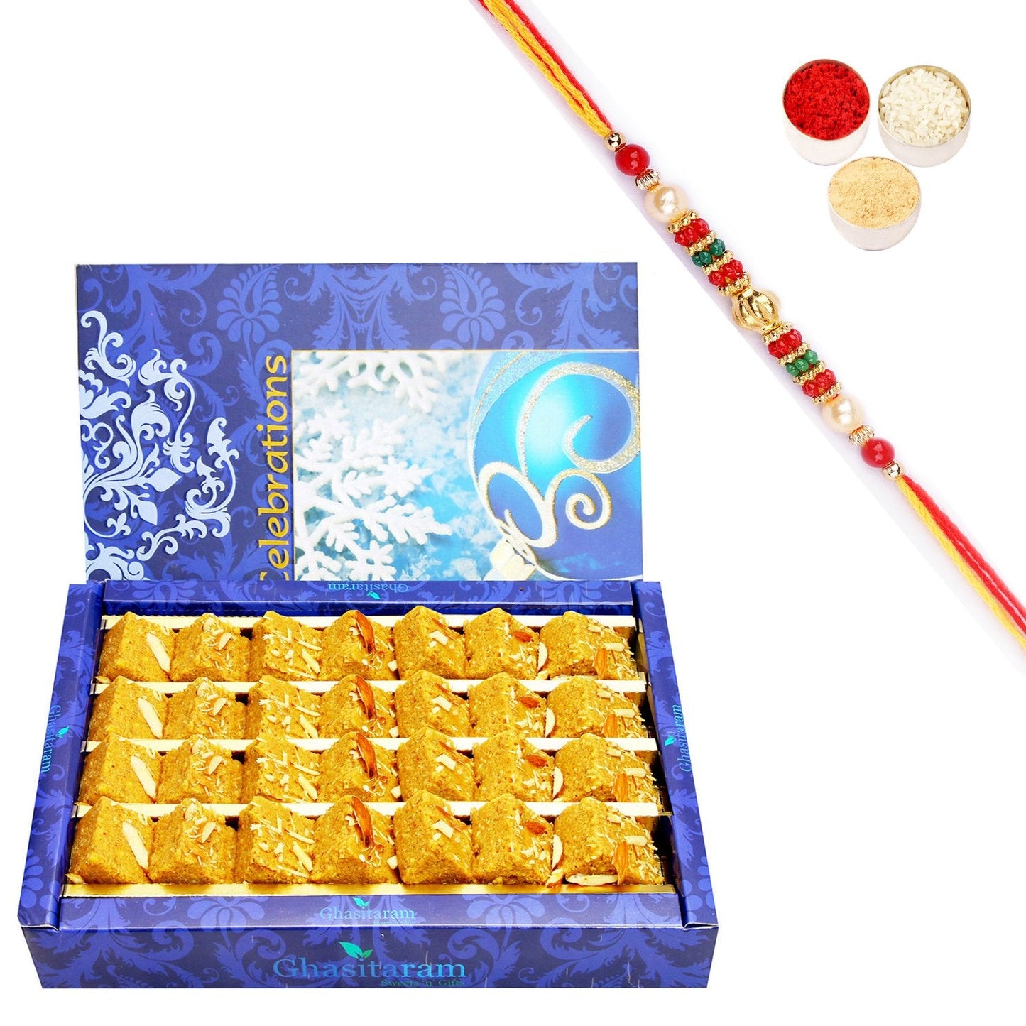 Ghasitaram Nani's Special Besan Barfi With Pearl Beads Rakhi | Swadesiicart