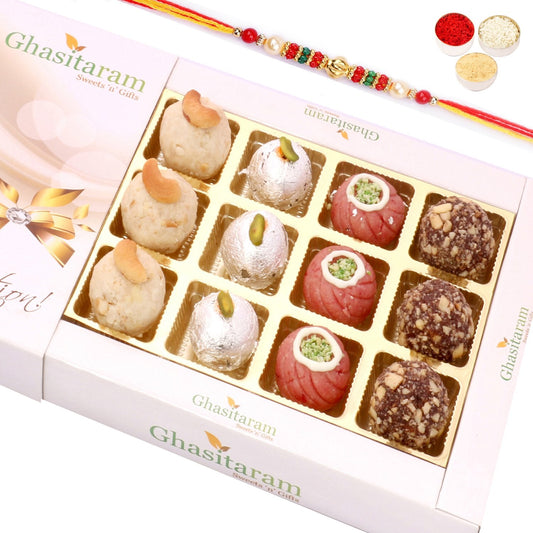 Ghasitaram Assorted Dryfruit Sweets in White Box With Pearl Beads Rakhi | Swadesiicart