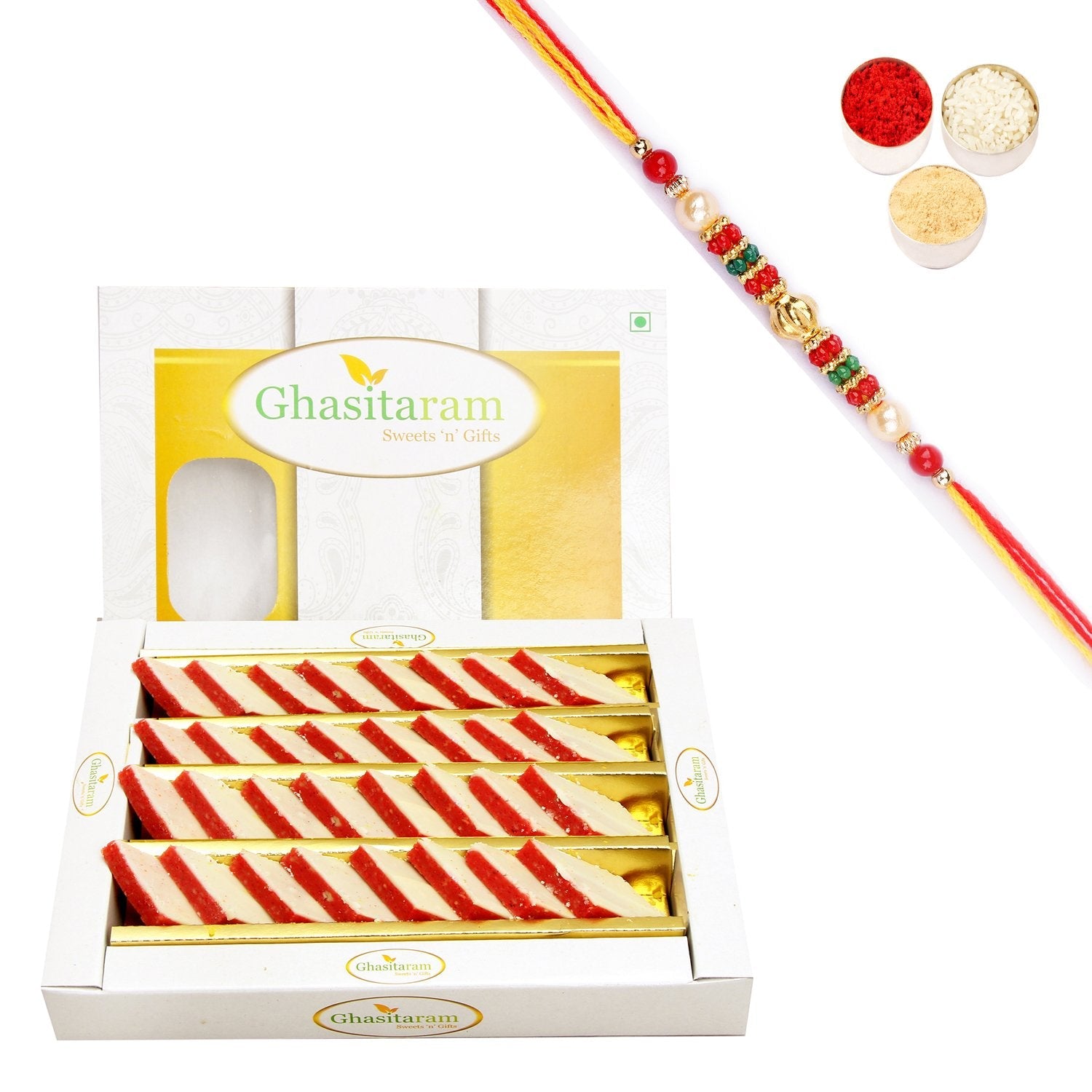 Ghasitaram Irish kaju Katli With Pearl Beads Rakhi | Swadesiicart