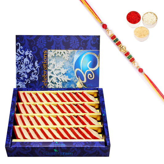 Ghasitaram Irish kaju Katli With Pearl Beads Rakhi | Swadesiicart