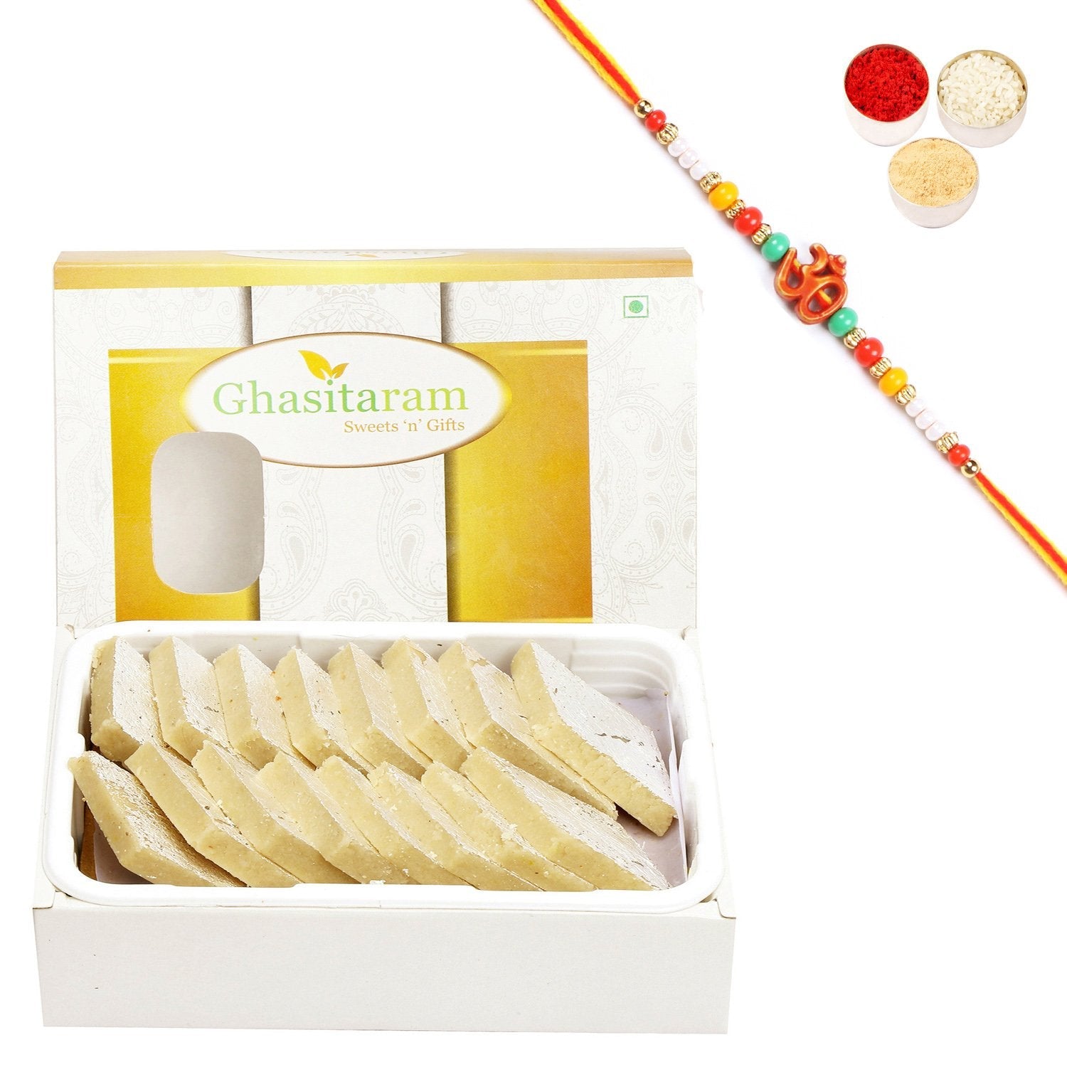 Ghasitaram Pure Kaju Katlis Box With Pearl Beads Rakhi | Swadesiicart
