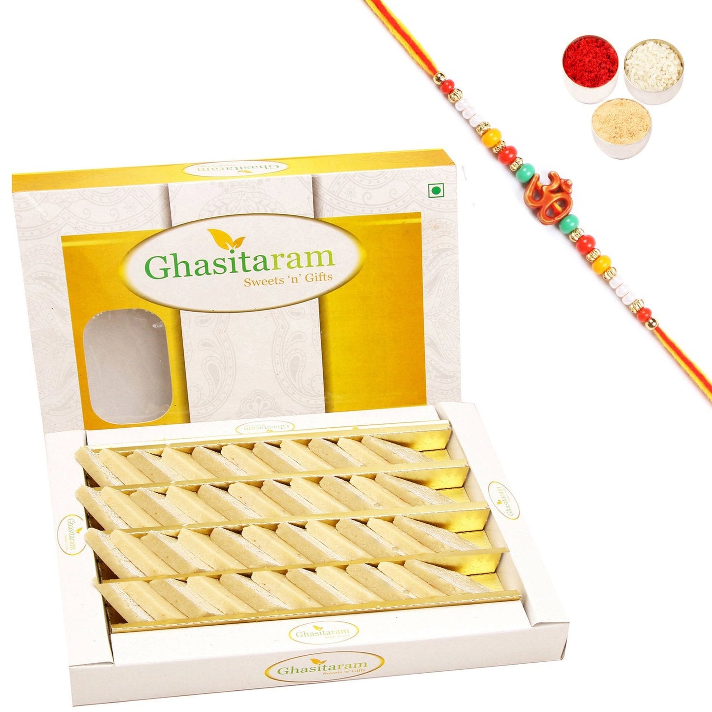 Ghasitaram Pure Kaju Katlis Box With Pearl Beads Rakhi | Swadesiicart