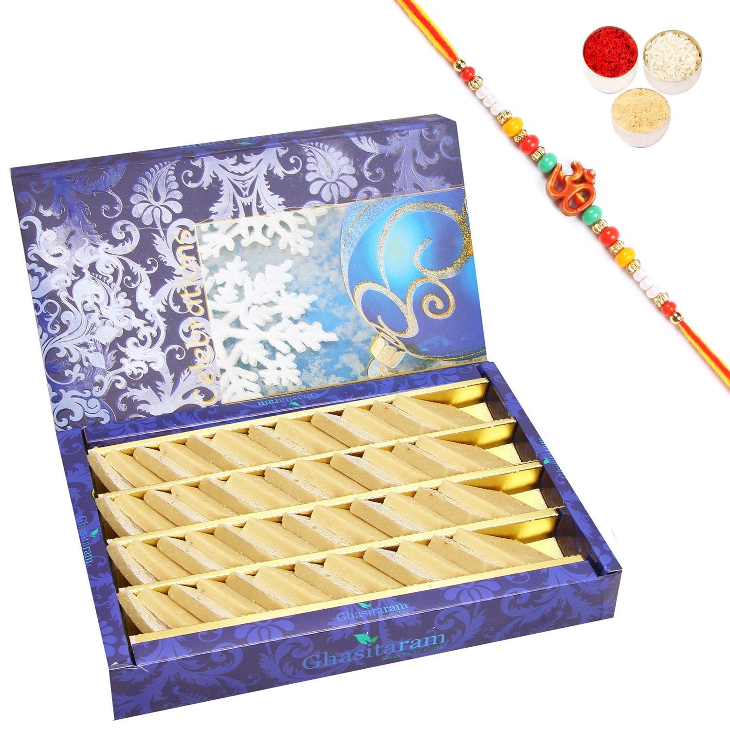 Ghasitaram Pure Kaju Katlis Box With Pearl Beads Rakhi | Swadesiicart