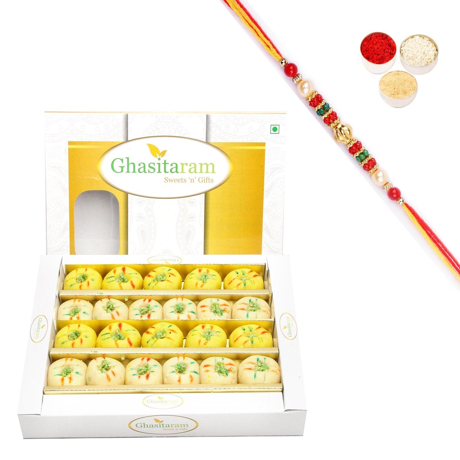 Ghasitaram Mawa Peda Box With Pearl Beads Rakhi | Swadesiicart