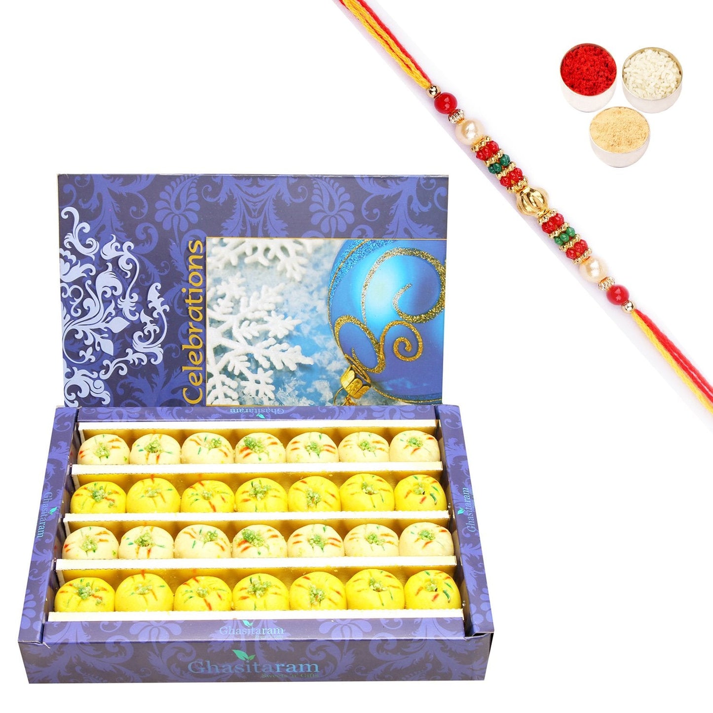 Ghasitaram Assorted Mewa bite Box With Pearl Beads Rakhi | Swadesiicart