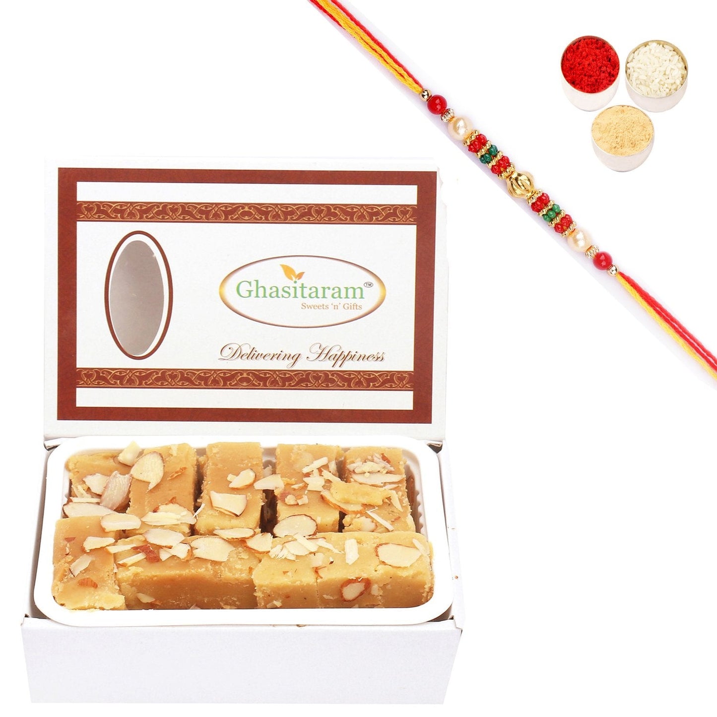 Ghasitaram Soft Mysore pak With Pearl Beads Rakhi | Swadesiicart