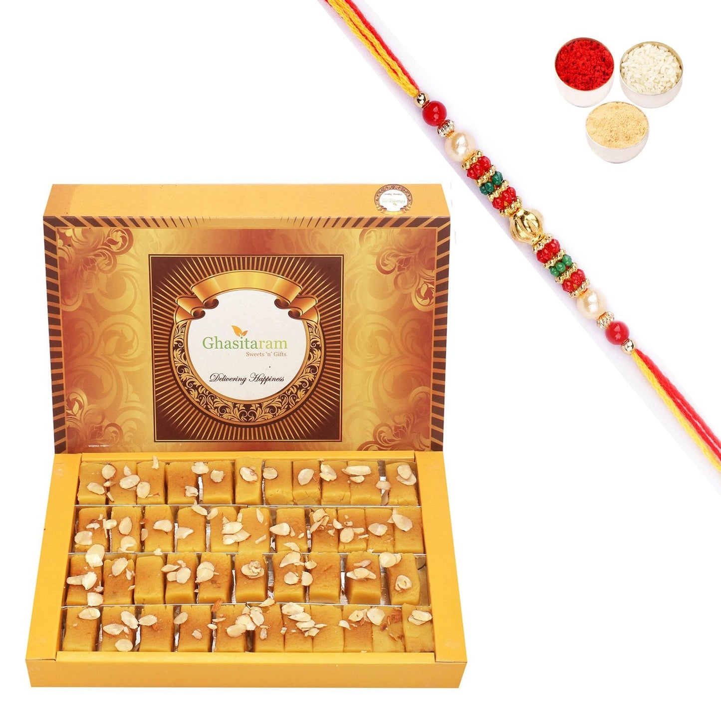 Ghasitaram Soft Mysore pak With Pearl Beads Rakhi | Swadesiicart