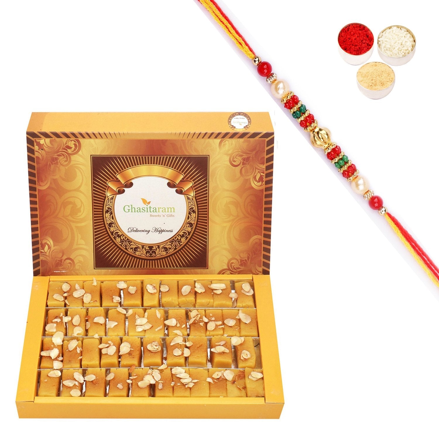 Ghasitaram Soft Mysore pak With Pearl Beads Rakhi | Swadesiicart