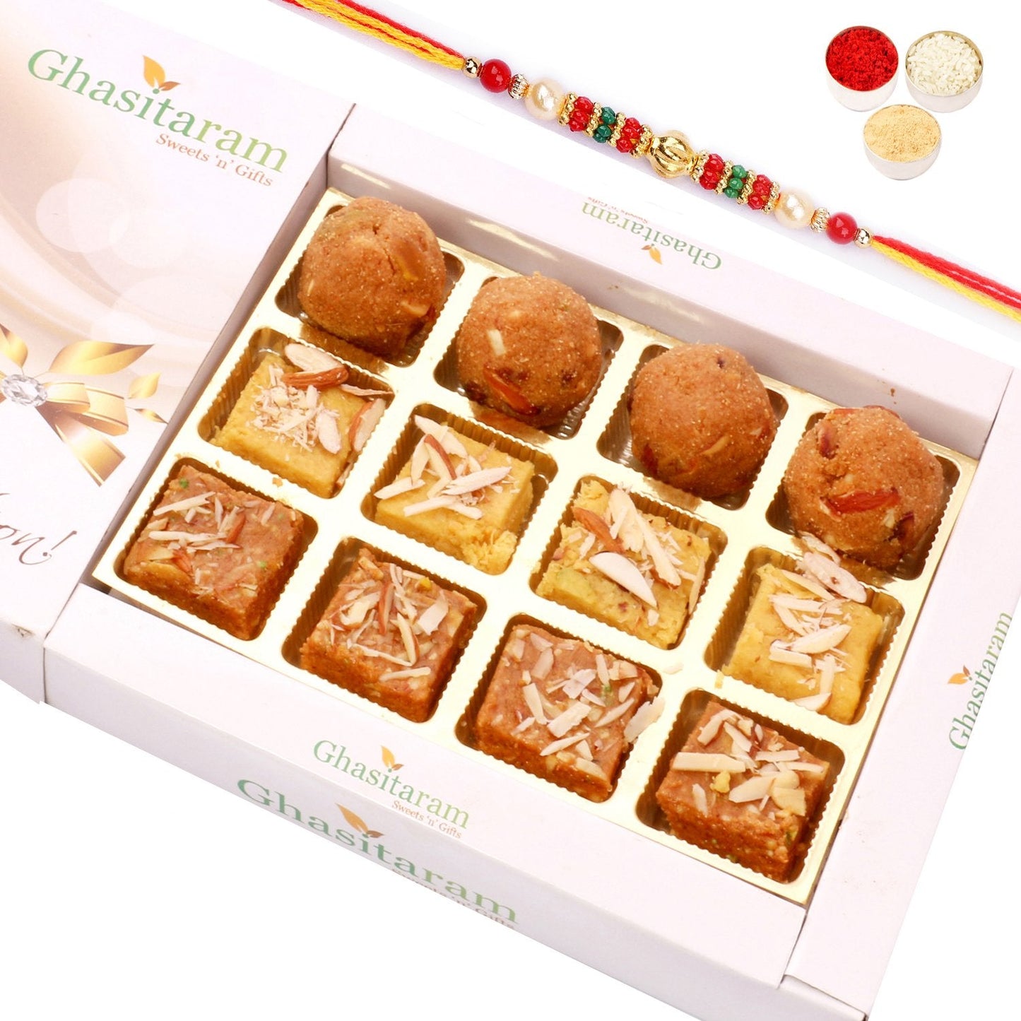 Ghasitaram North Indian Mix in White Box With Pearl Beads Rakhi | Swadesiicart