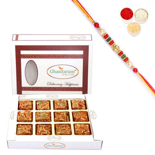 Ghasitaram Roasted Almond Delight With Pearl Beads Rakhi | Swadesiicart