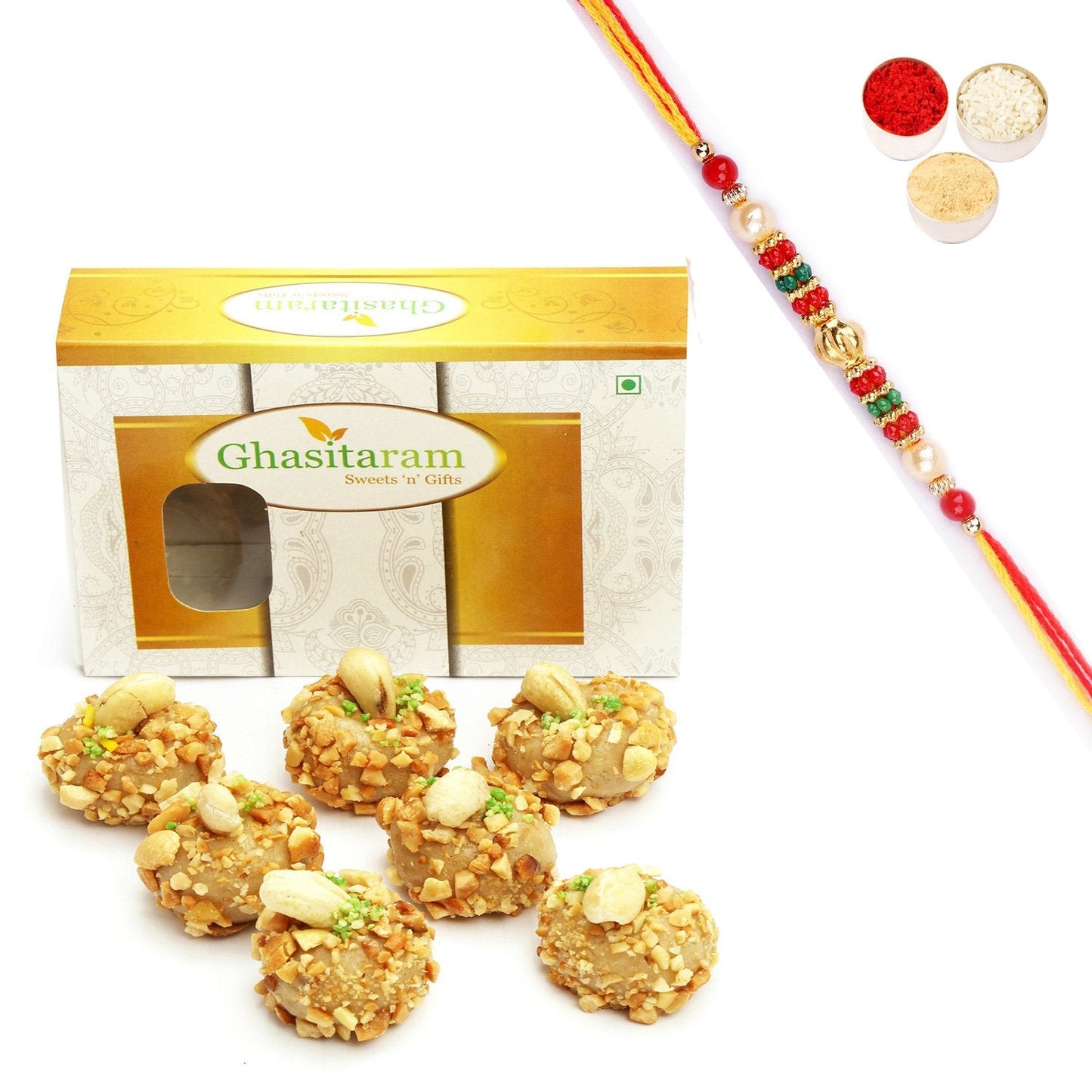Ghasitaram Roasted Kaju Laddoo With Pearl Beads Rakhi | Swadesiicart