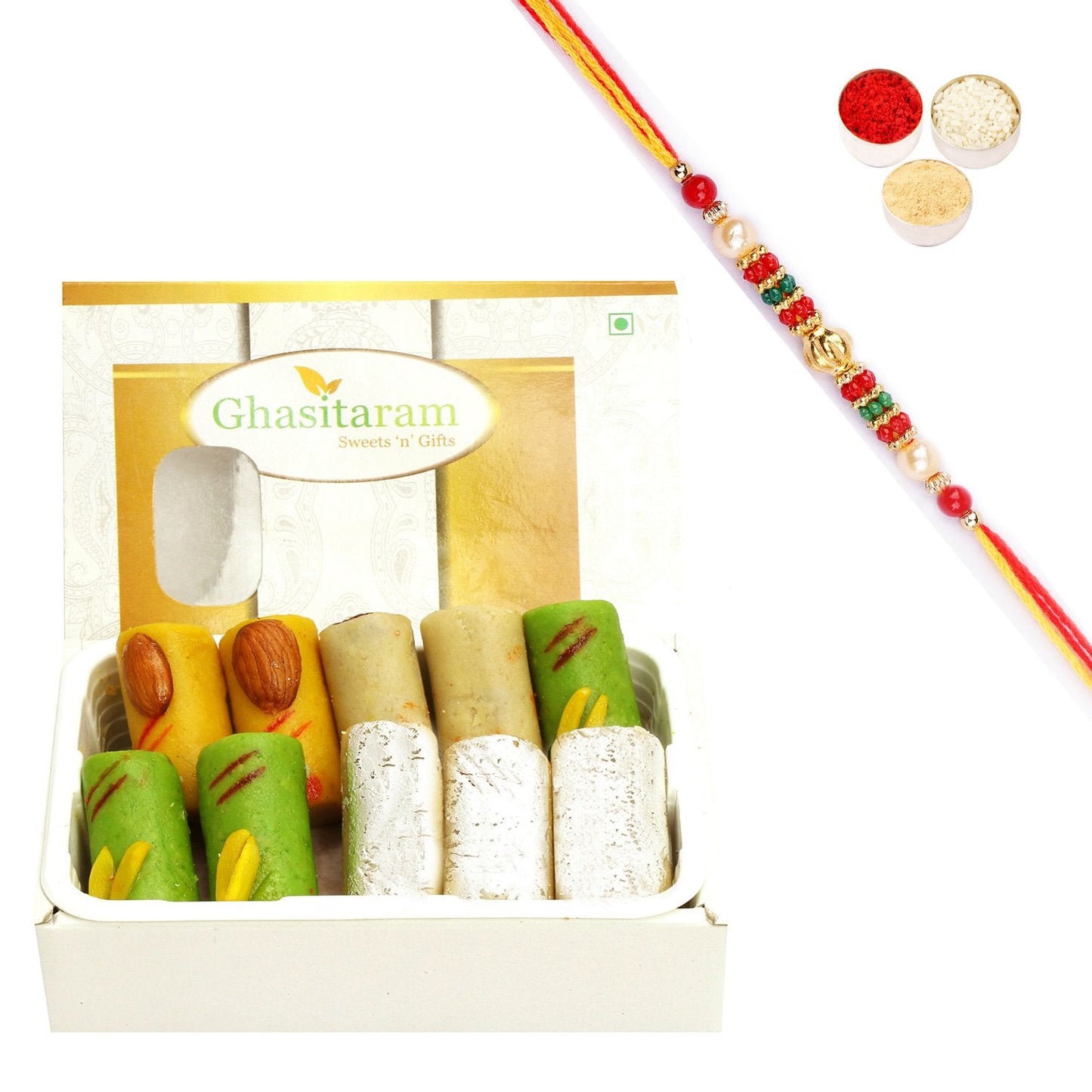 Ghasitaram Assorted Rolls Box With Pearl Beads Rakhi | Swadesiicart
