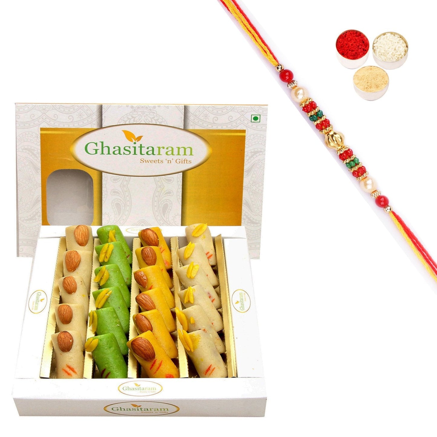 Ghasitaram Assorted Rolls Box With Pearl Beads Rakhi | Swadesiicart