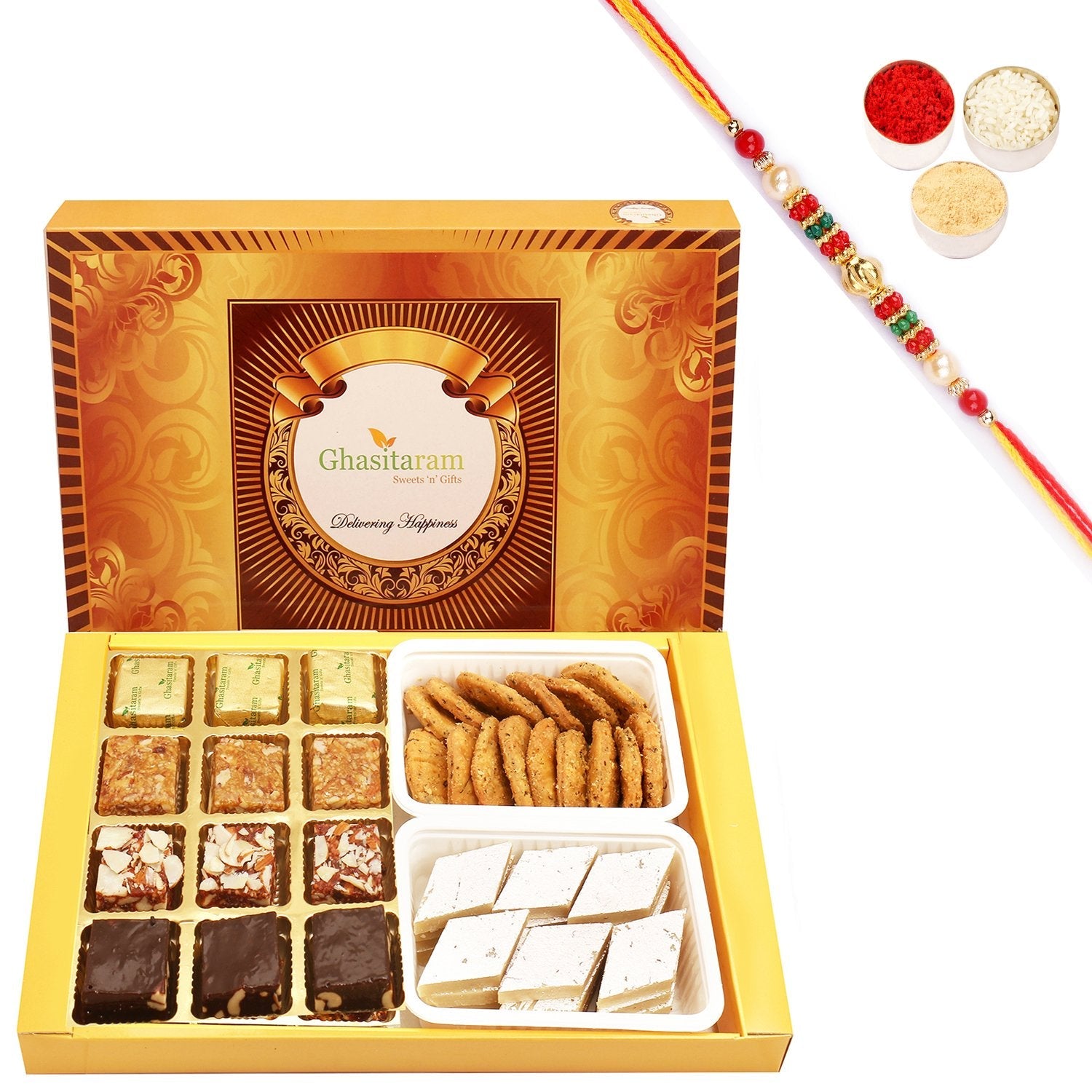 Ghasitaram Assorted Bites, Kaju Katli and Methi Mathi With Pearl Beads Rakhi | Swadesiicart