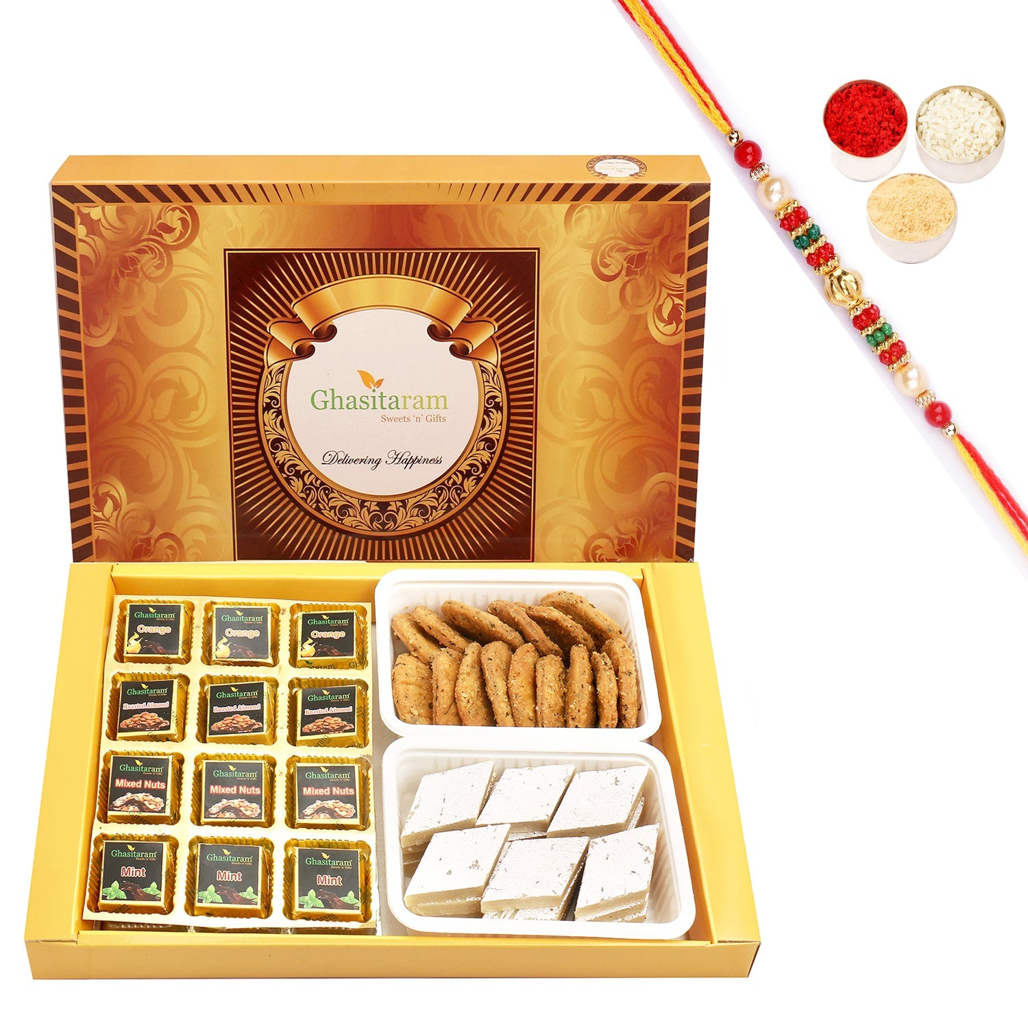 Ghasitaram Assorted Chocolates, Kaju Katli and Methi Mathi With Pearl Beads Rakhi | Swadesiicart