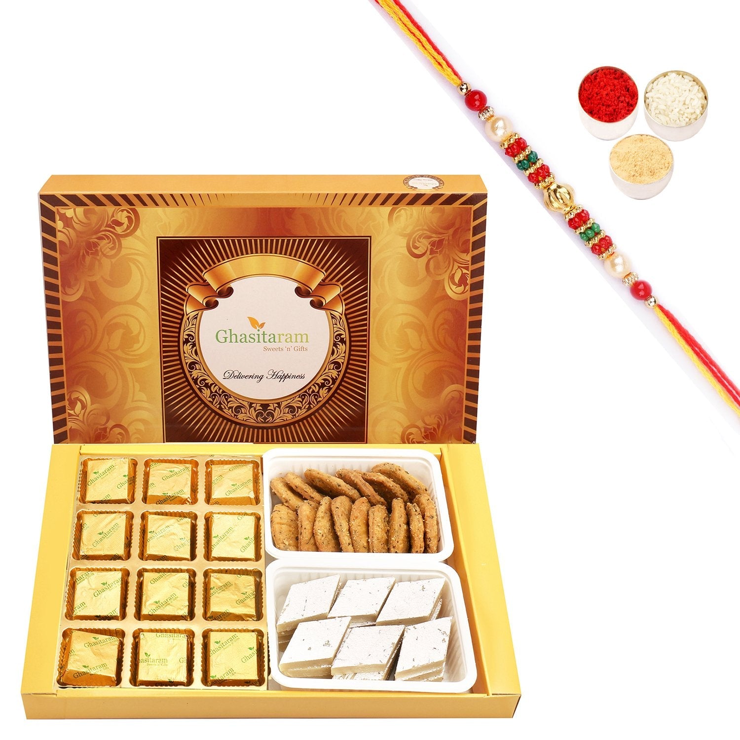 Ghasitaram Mewa Bites, Kaju Katli and Methi Mathi With Pearl Beads Rakhi | Swadesiicart