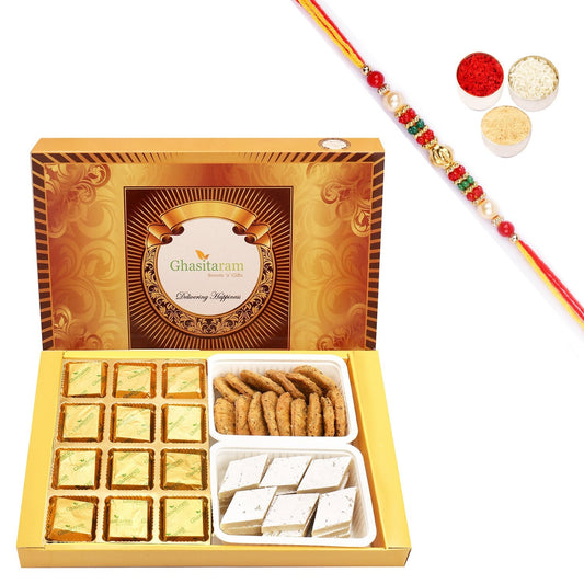 Ghasitaram Mewa Bites, Kaju Katli and Methi Mathi With Pearl Beads Rakhi | Swadesiicart