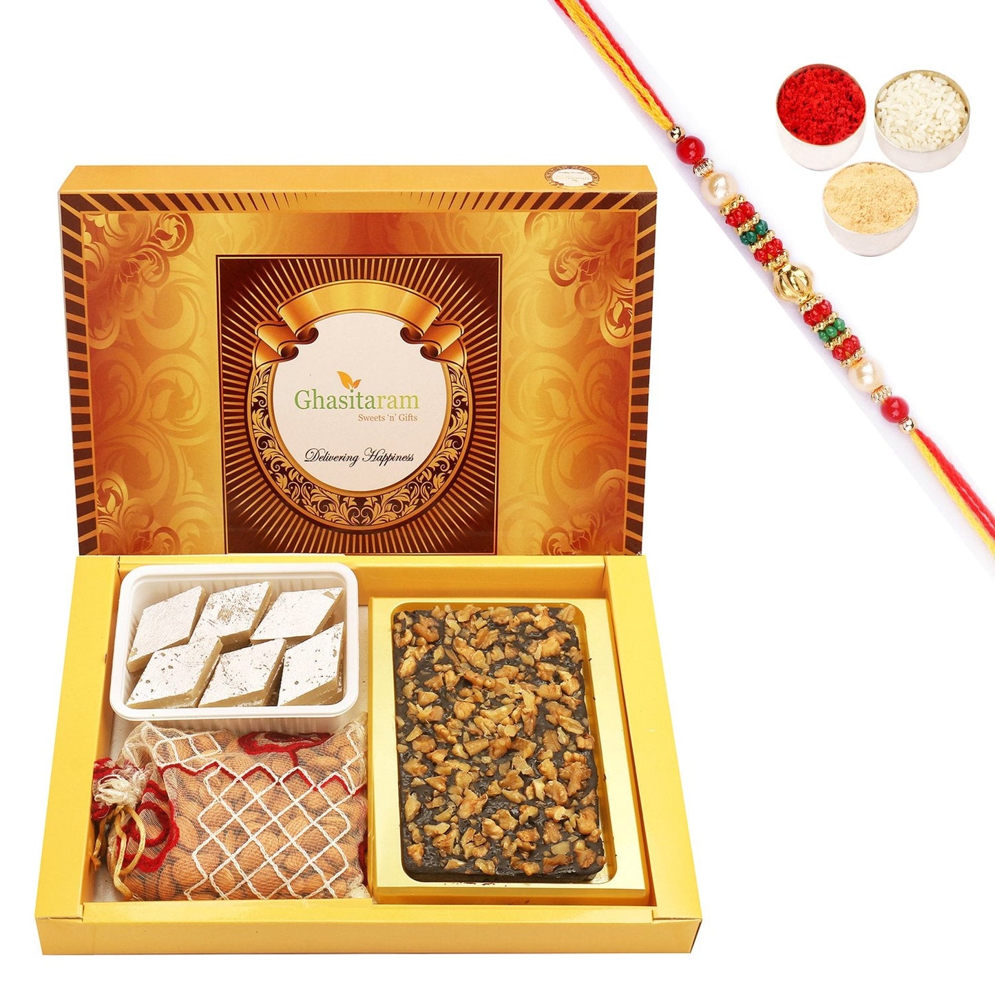 Ghasitaram Walnut Chocolate Bark, Almonds and Kaju Katli With Pearl Beads Rakhi | Swadesiicart