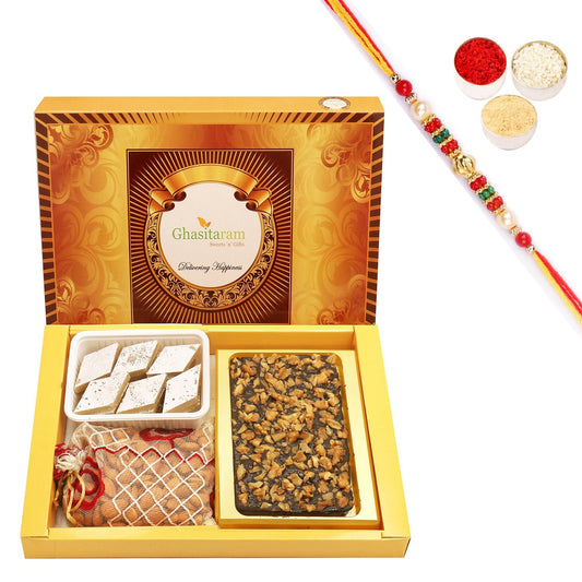 Ghasitaram Walnut Chocolate Bark, Almonds and Kaju Katli With Pearl Beads Rakhi | Swadesiicart