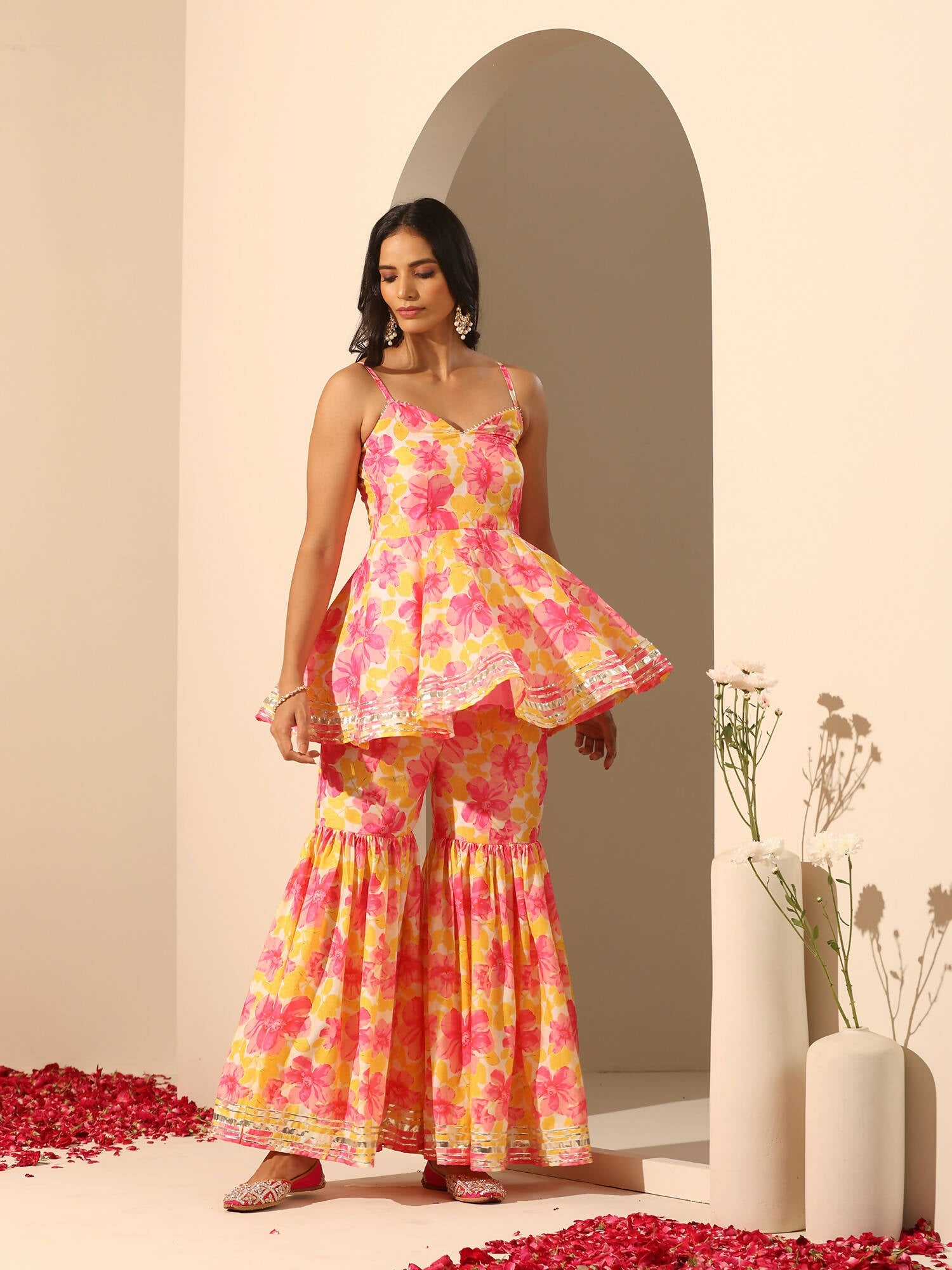 Pomcha Jaipur Yellow Gul Rangrez Sharara Set | Swadesiicart