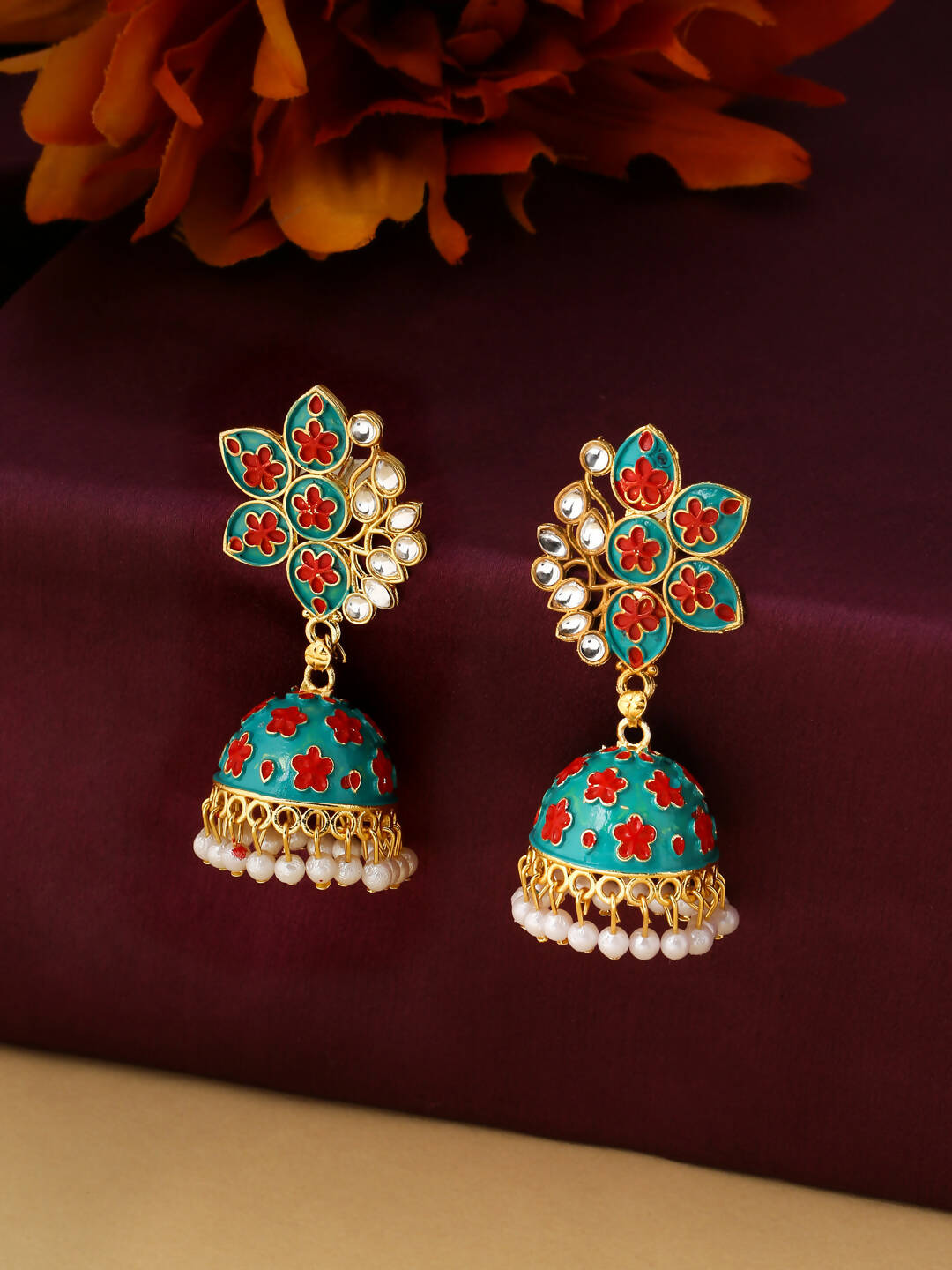 NVR Women Green Dome Shaped Jhumka Earrings | Swadesiicart