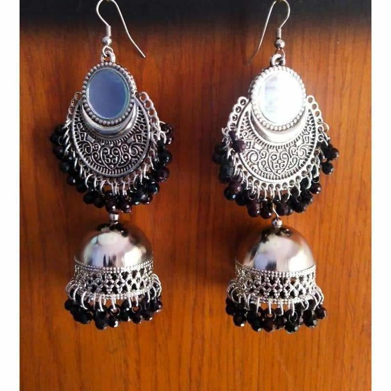 MS Fashion India Silver Oxidized Traditional Chandbali Earrings With Black Beads And Mirror Tassels | Swadesiicart