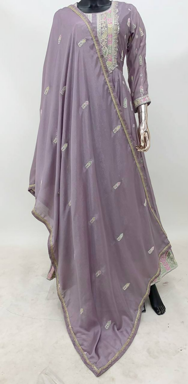 Lorenvalley Fashion Lavender Chinon Embroidery With Sequince Work Gown Stitched | Swadesiicart