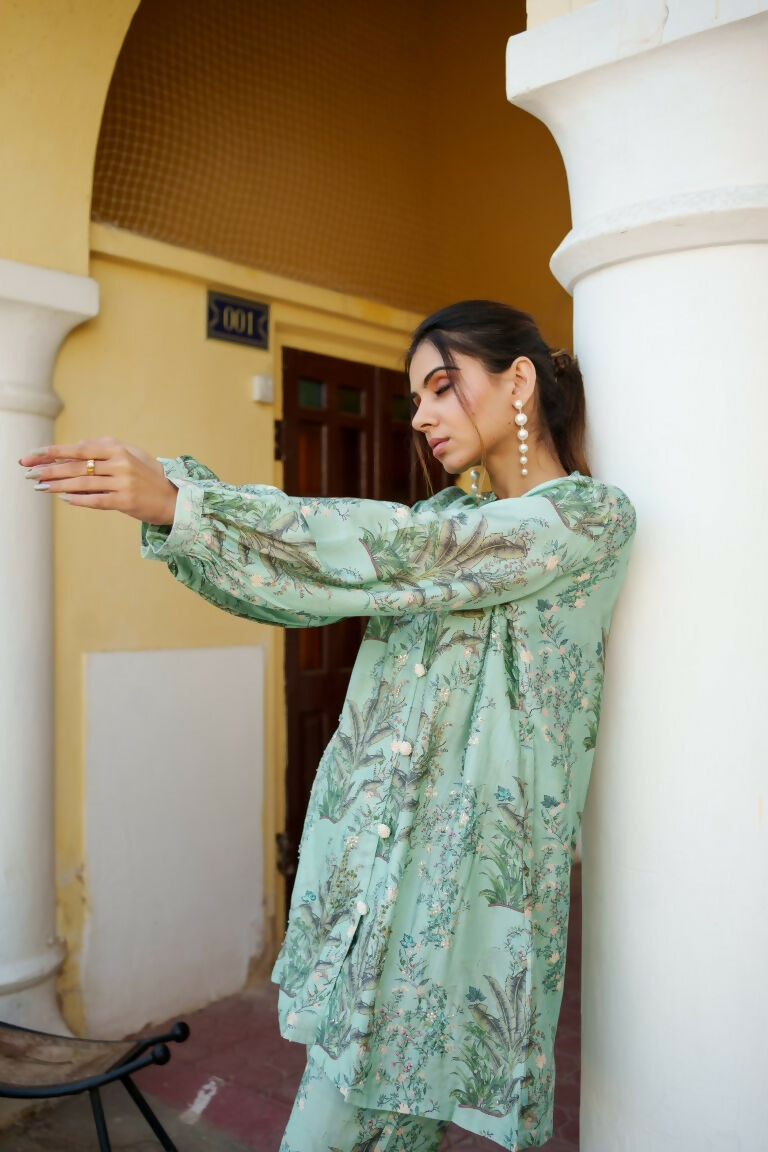 Vaasva Women Sky Blue Muslin Embroidered Shirt & Pant Set - Swadesiicart