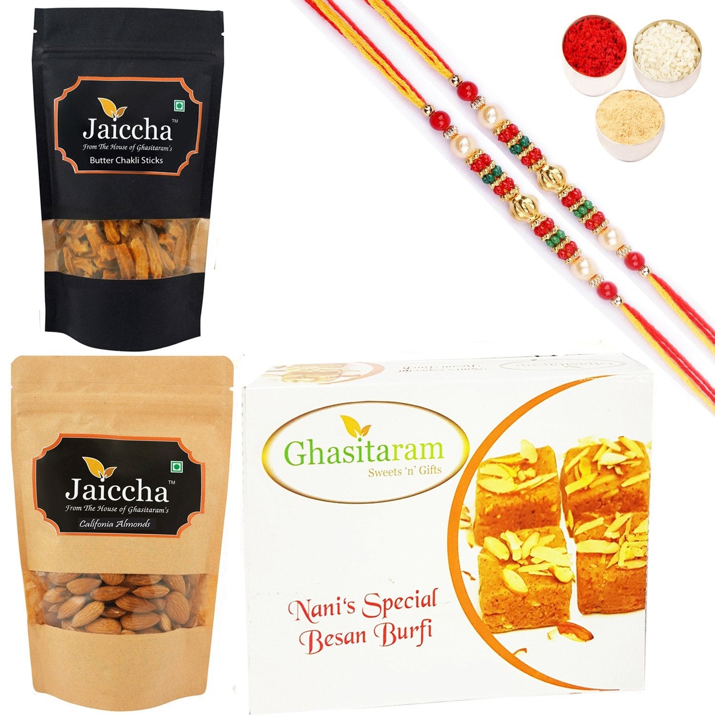 Ghasitaram Besan Barfi, Butter Chakli Sticks and Almonds With 2 Pearl Beads Rakhis - Altcheeni