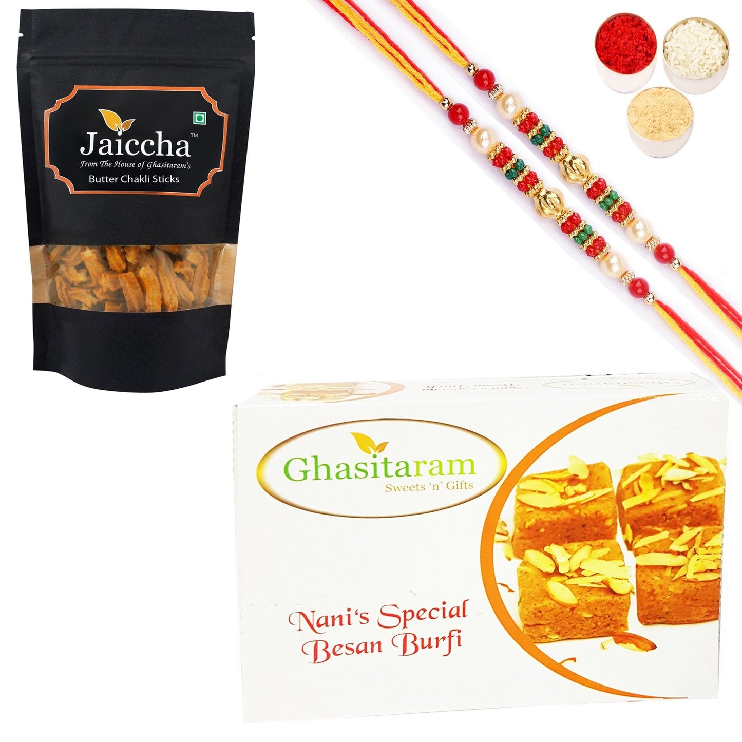 Ghasitaram Besan Barfi and Butter Chakli Sticks With 2 Pearl Beads Rakhis | Swadesiicart