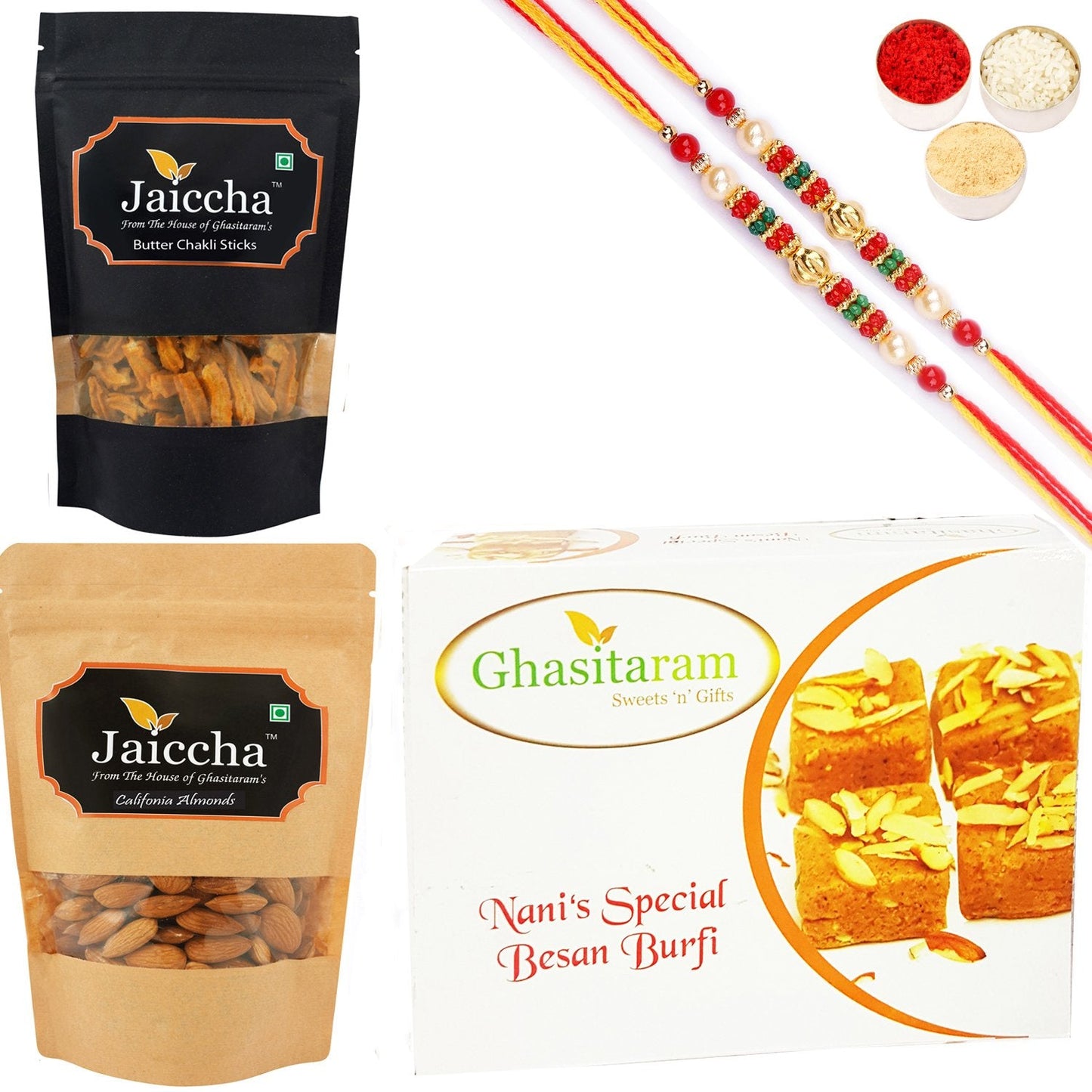 Ghasitaram Besan Barfi, Methi Mathi and Almonds With 2 Pearl Beads Rakhis - Altcheeni