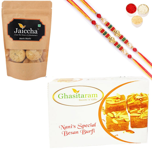 Ghasitaram Besan Barfi and Methi Mathi With 2 Pearl Beads Rakhis - Altcheeni