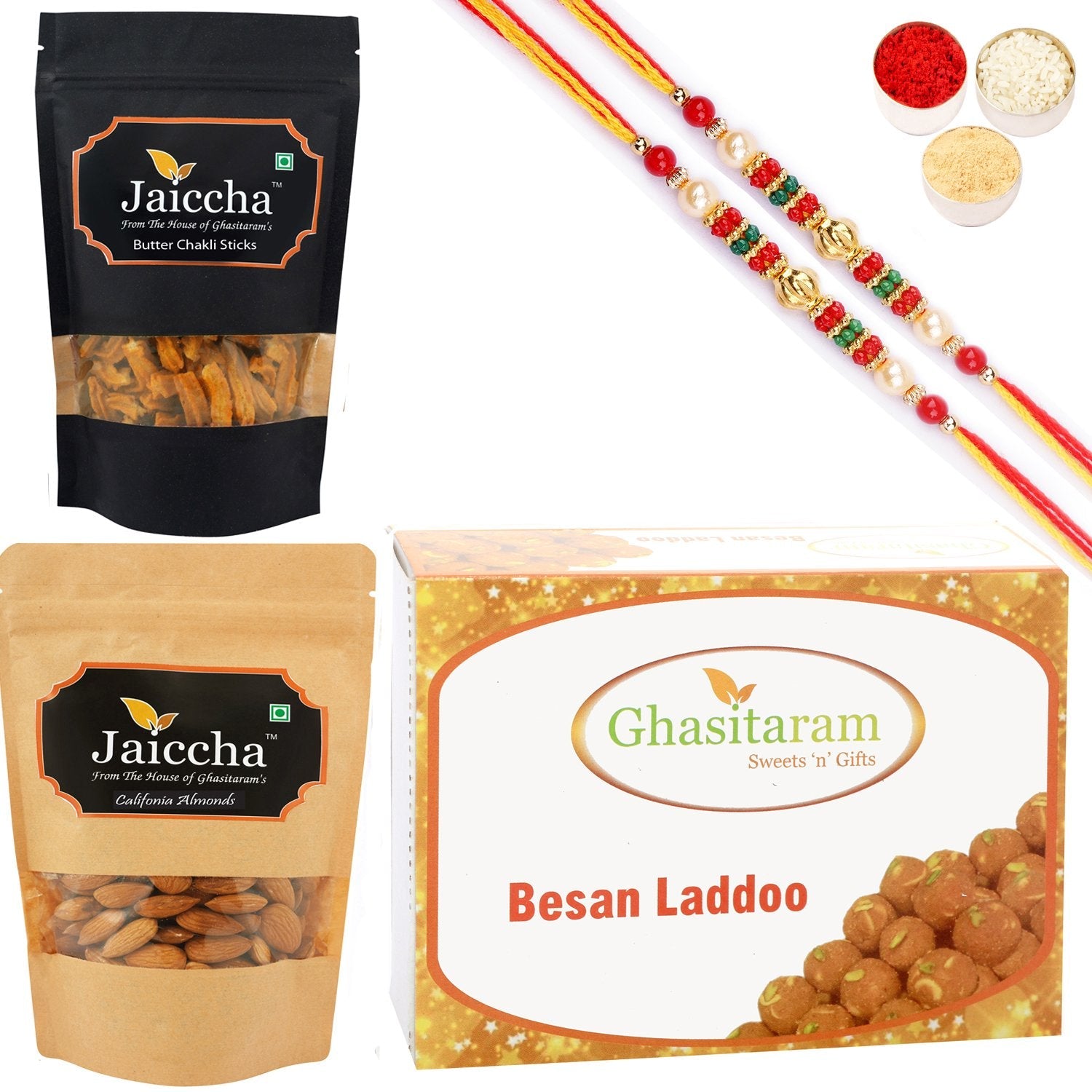 Ghasitaram Besan Laddoo, Butter Chakli Sticks and Almonds With 2 Pearl Beads Rakhis - Altcheeni
