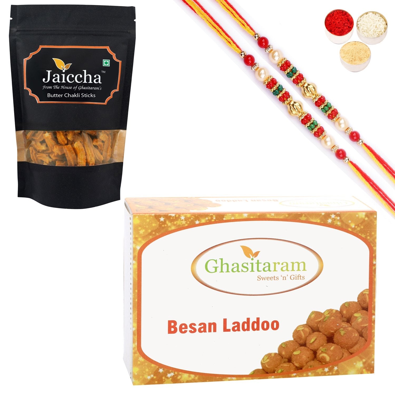 Ghasitaram Besan Laddoo and Butter Chakli Sticks With 2 Pearl Beads Rakhis - Altcheeni