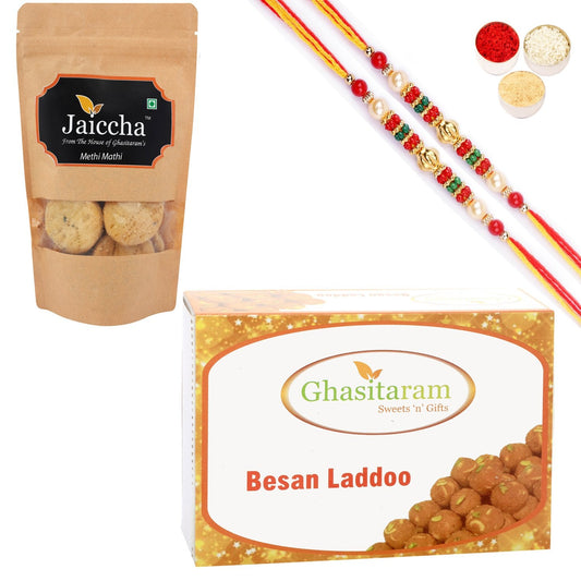 Ghasitaram Besan Laddoo and Methi Mathi With 2 Pearl Beads Rakhis - Altcheeni