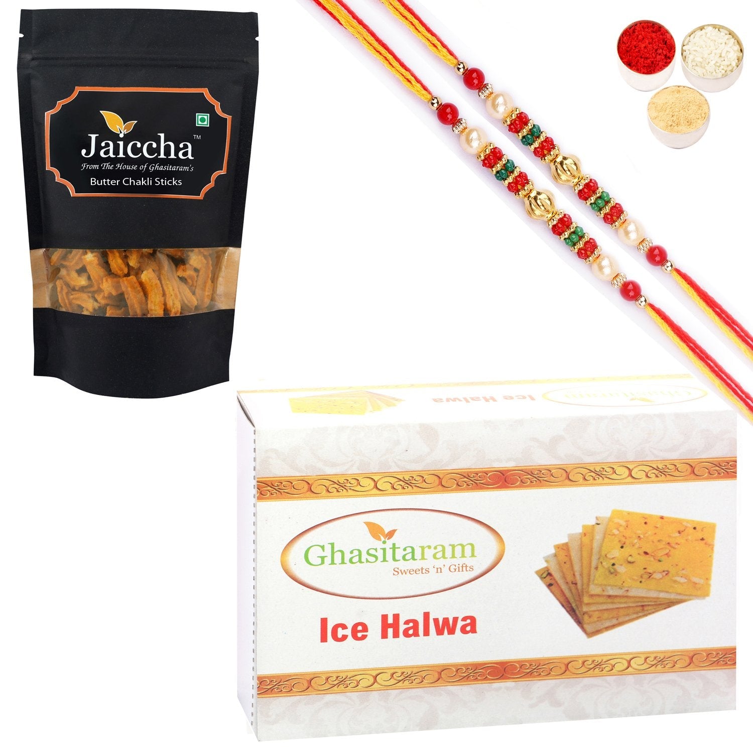 Ghasitaram Ice halwa and Butter Chakli Sticks With 2 Pearl Beads Rakhis - Altcheeni