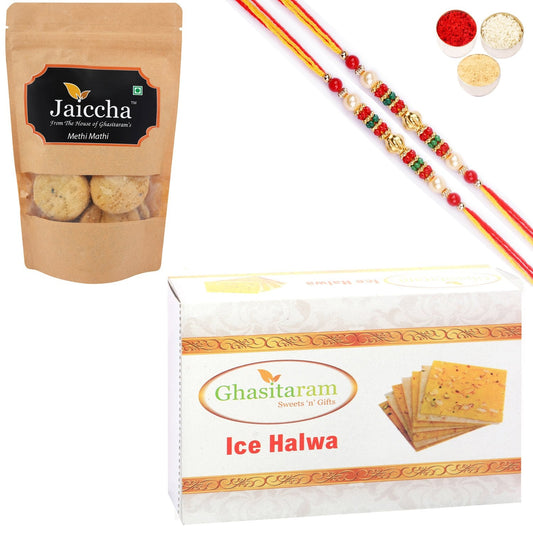 Ghasitaram Ice halwa and Methi Mathi With 2 Pearl Beads Rakhis - Altcheeni