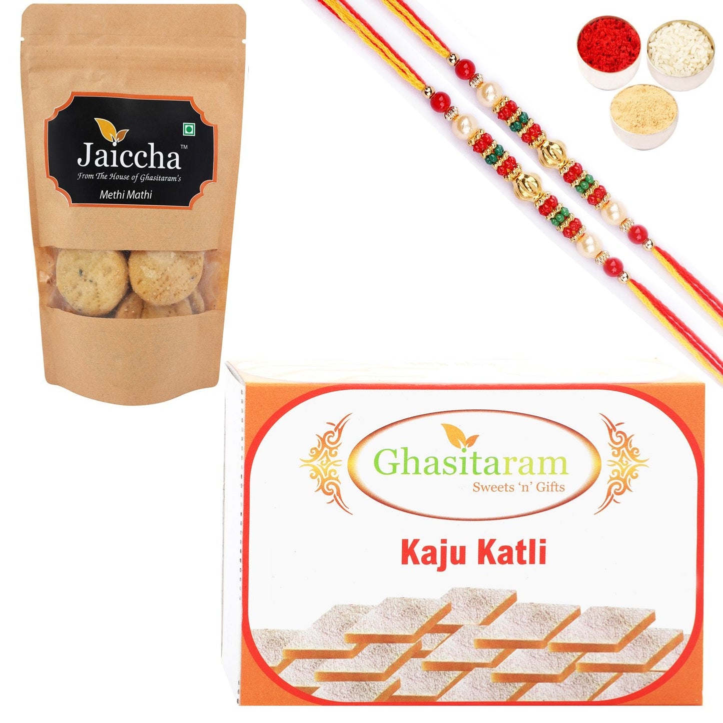 Ghasitaram Kaju Katli and Methi Mathi With 2 Pearl Beads Rakhis - Altcheeni