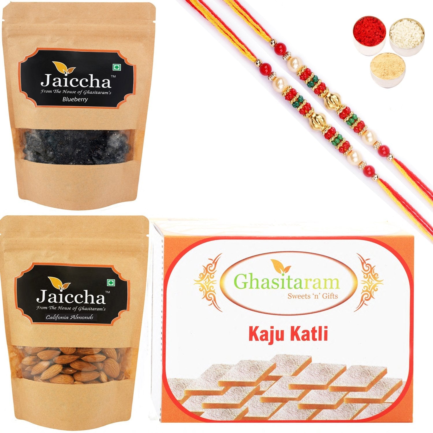 Ghasitaram Kaju Katli ,Blueberry and Almonds Pouch With 2 Pearl Beads Rakhis | Swadesiicart