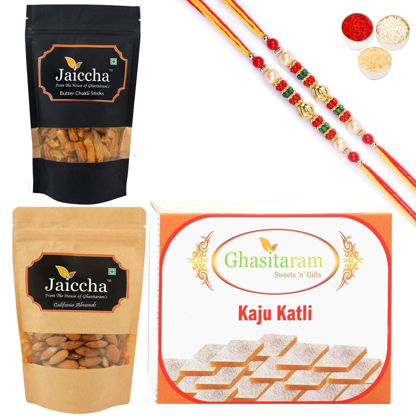 Ghasitaram Kaju Katli, Butter Chakli Sticks and Almonds With 2 Pearl Beads Rakhis - Altcheeni