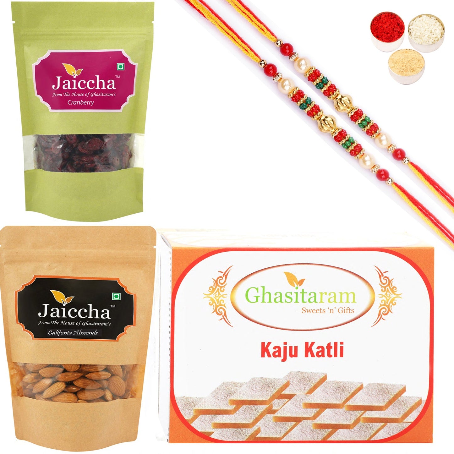 Ghasitaram Kaju Katli ,Cranberry and Almonds Pouch With 2 Pearl Beads Rakhis - Altcheeni