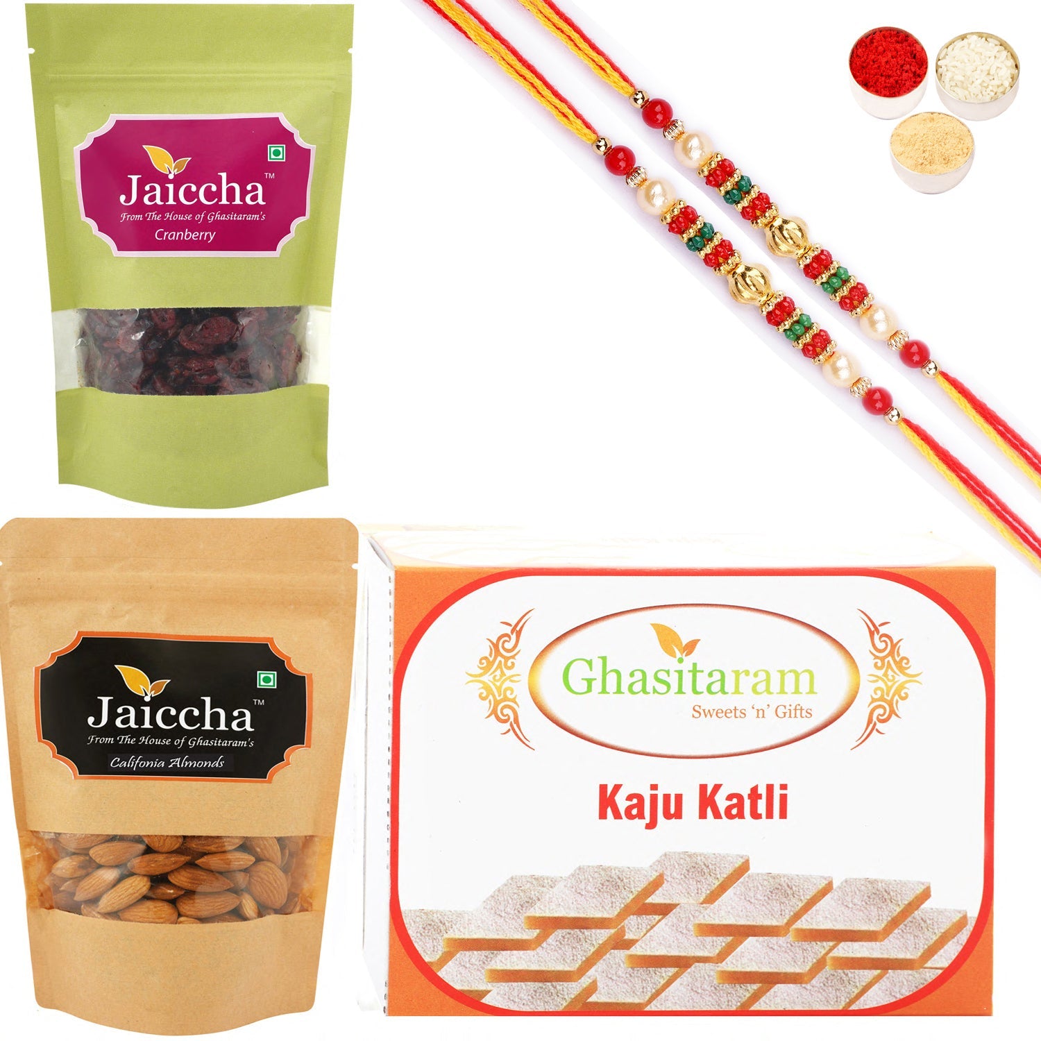 Ghasitaram Kaju Katli ,Cranberry and Almonds Pouch With 2 Pearl Beads Rakhis - Altcheeni