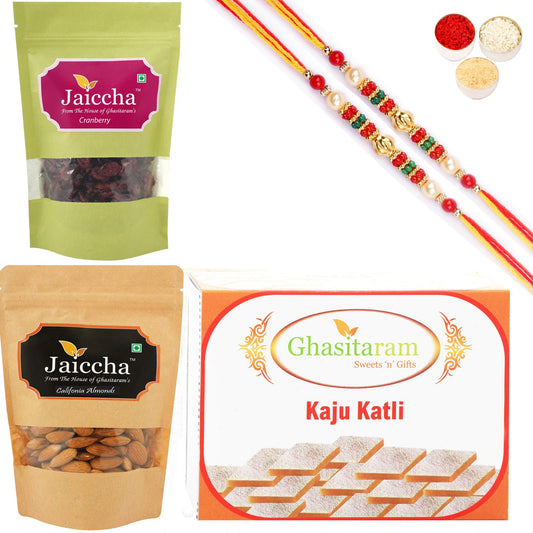Ghasitaram Kaju Katli ,Cranberry and Almonds Pouch With 2 Pearl Beads Rakhis - Altcheeni