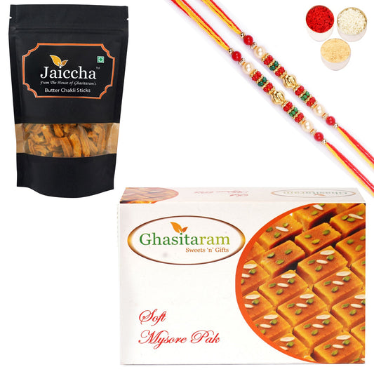 Ghasitaram Mysore Pak and Butter Chakli Sticks With 2 Pearl Beads Rakhis - Altcheeni