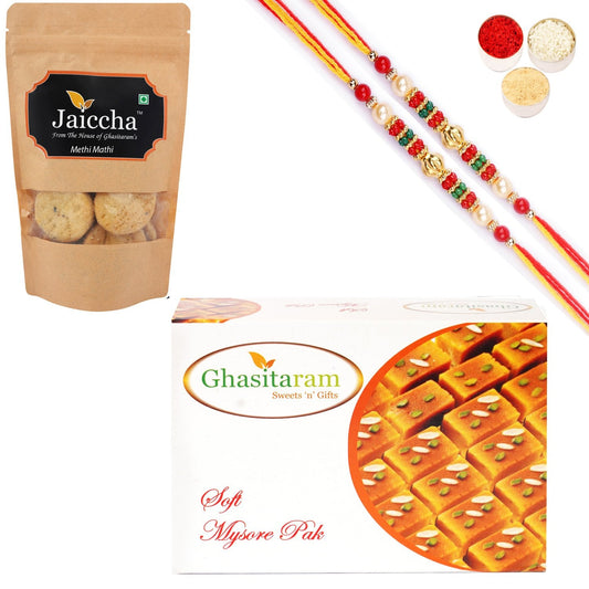 Ghasitaram Mysore Pak and Methi Mathi With 2 Pearl Beads Rakhis - Altcheeni