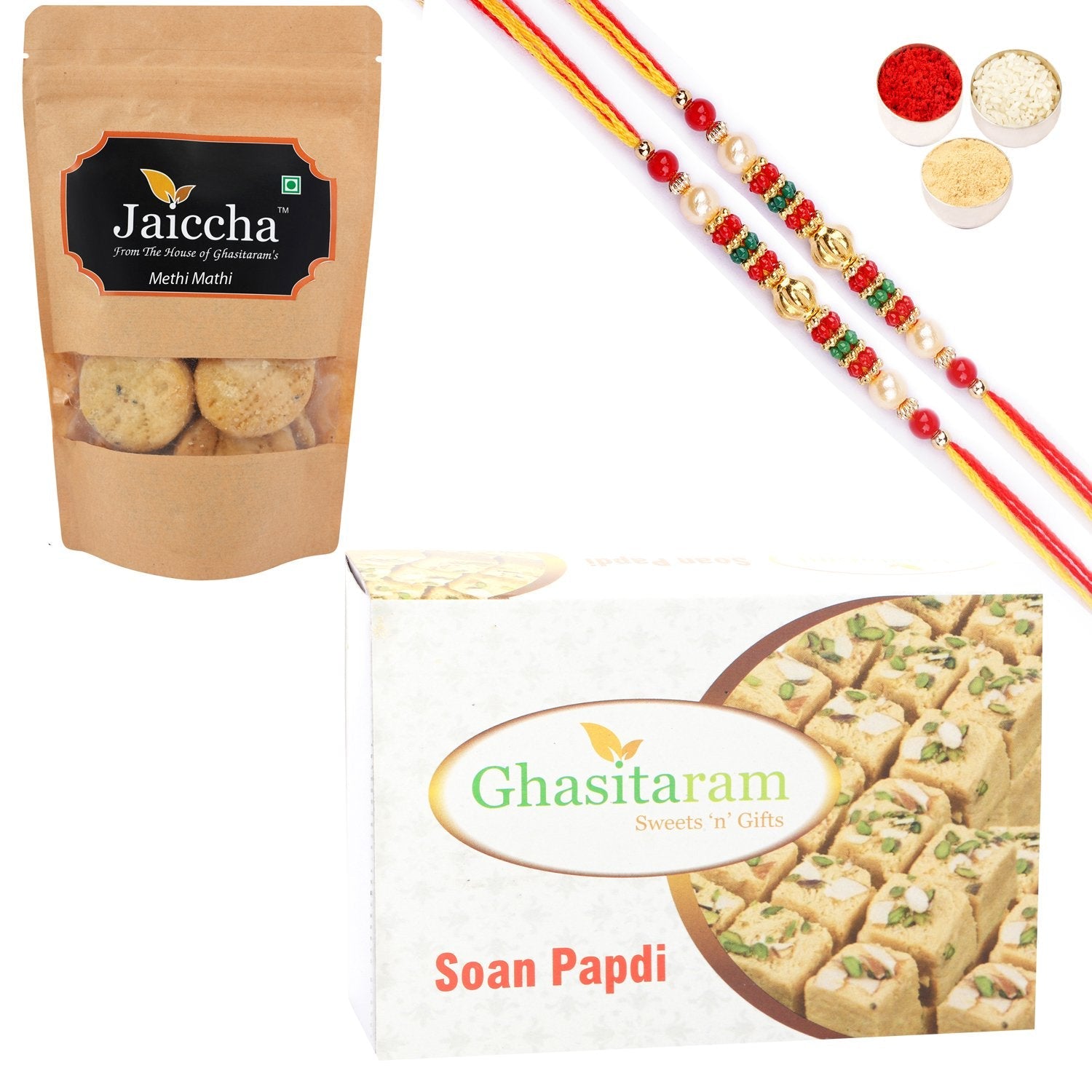 Ghasitaram Soan Papdi and Methi Mathi With 2 Pearl Beads Rakhis - Altcheeni
