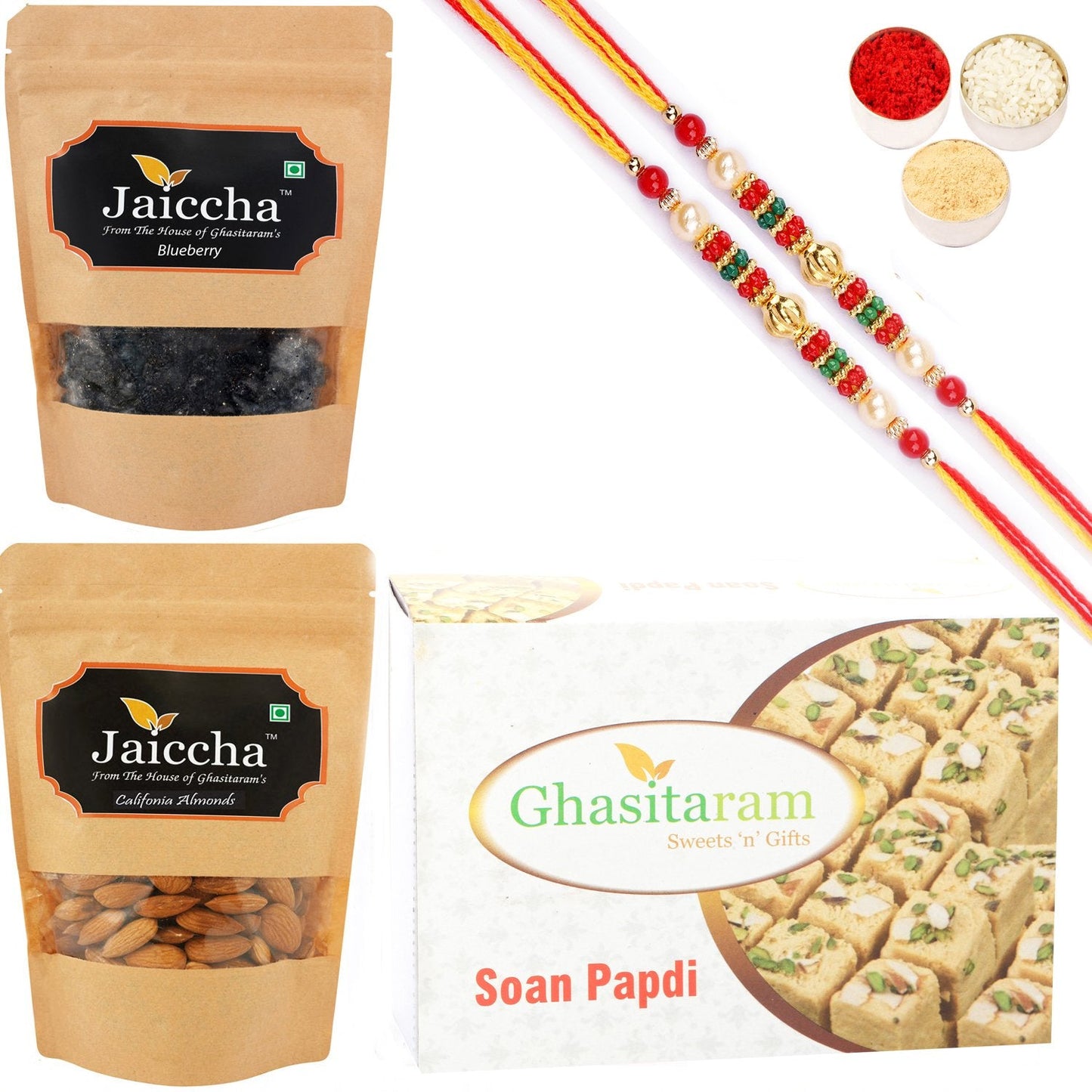 Ghasitaram Soan Papdi ,Blueberry and Almonds Pouch With 2 Pearl Beads Rakhis | Swadesiicart